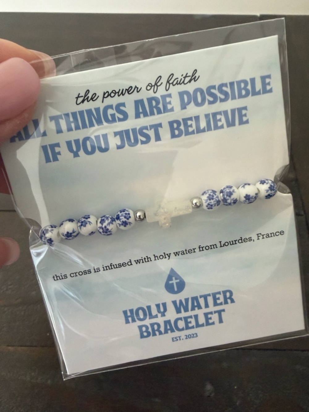 Holy Water Bracelet with Blue Floral Beads and Cross